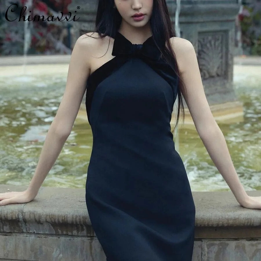 High-end Fashion Velvet Bow Splicing Dress 2025 Summer New Sexy Girl Backless Annual Meeting Gown Dress Mini Womens Dresses