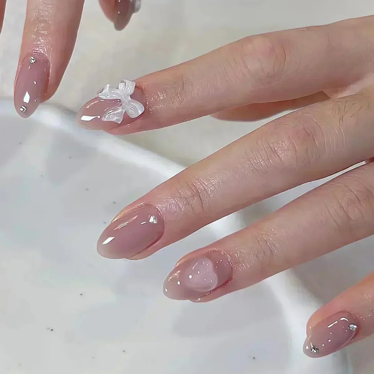 24pcs Cute Girly Short Square False Nails Sweet White French Nail Glitter Star Rhinestones Nail Art Cat Eye Bow Press On Nails