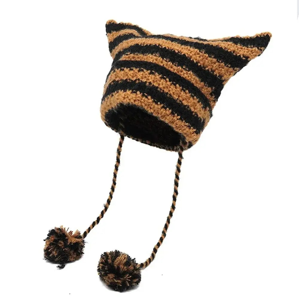 Fshion Y2K Knitting Striped Beanie Hat Cute Wool Hanging Ball Knitted Beanie Hat Cat Ears Pointed Pullover Hats Autumn Winter