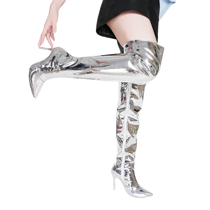 Women Sexy Silver Mirror Thigh High Boots T Show Pointy Toe Club Party Shoes Thin High Heels Over The Knee Long Boots For