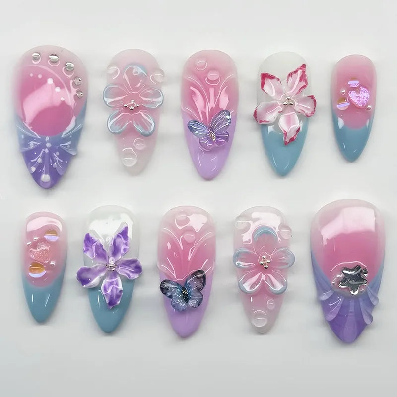 Almond 3D Flower Gradient Pearl Press-On Nails
