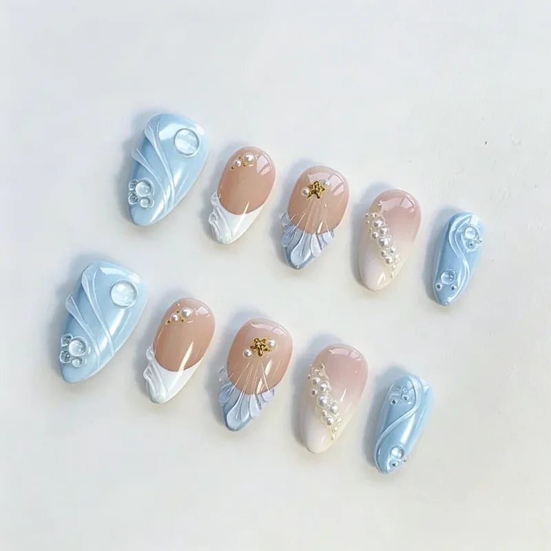 30Pcs False Nails Summer Ocean Style with Cool 3D French Tips High-Quality Press-On Nails Perfect As A Gift for Girls and Friend