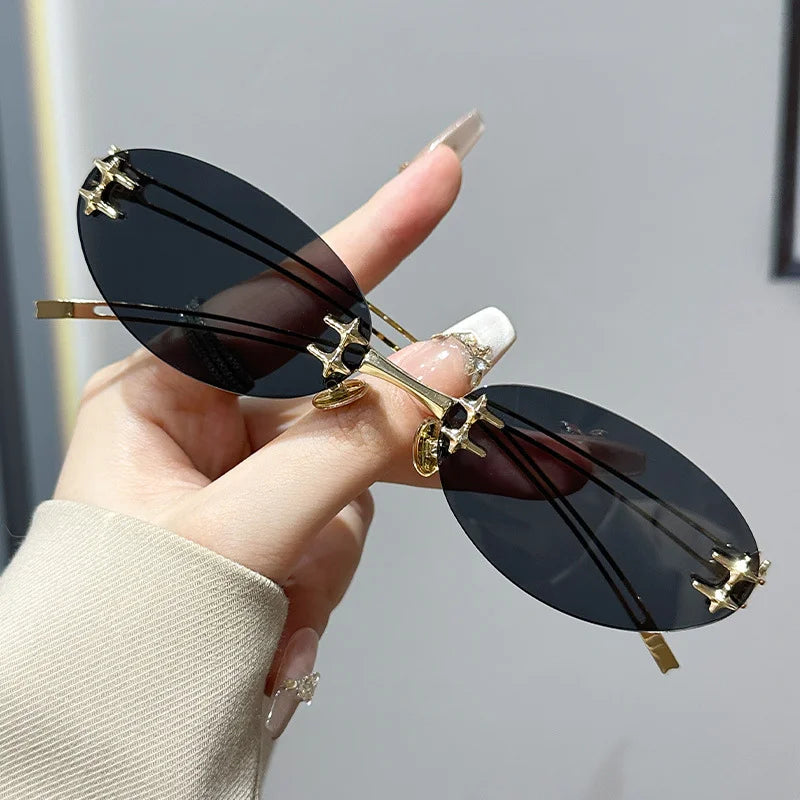 Korean Fashion Style Glasses for Women Oval Shape Rimless  Sunglasses Women Campus Style Female