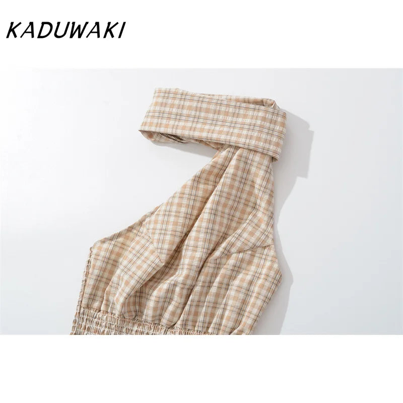 KADUWAKI Summer Plaid Printed Hanging Neck Sloping Shoulder Lace Up Slim Fit Top Khaki Mini A-line Fluffy Skirt 2-piece Sets Y2k