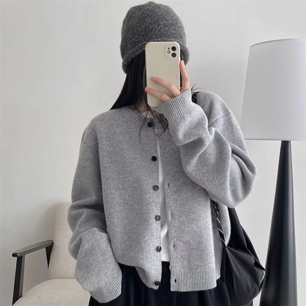 2026 New Women Cardigan Solid Single-breasted Loose Short Round Neck Off Shoulder Female Sweater Soft Autumn Winter Clothes Tops