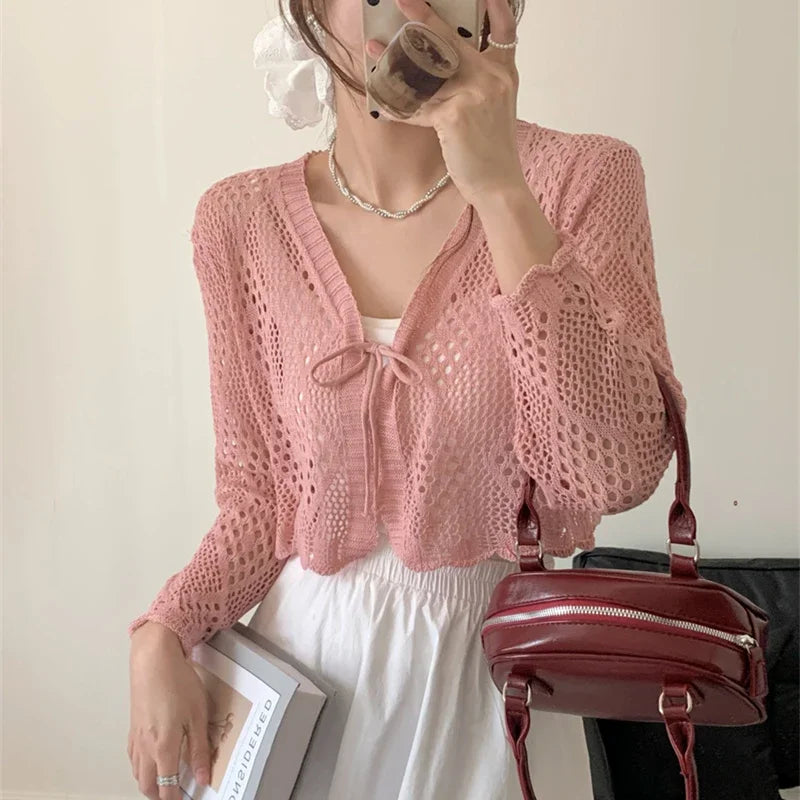 Sheer Pointelle Knit Crop Cardigan with Tie Front Openwork Long Sleeve Short Jacket Top Cover for Women Teen-girl Cute Outfit