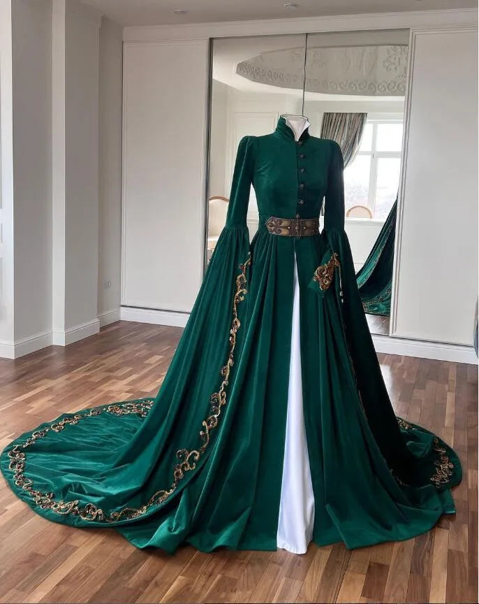 Hunter Green Velvet Embroidered Caftan A-Line Long Sleeve Sweep Train Evening Gown | Inspired by Meryem Uzerli