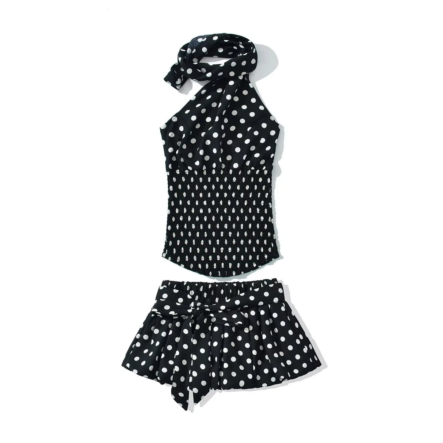 KADUWAKI Summer Plaid Printed Hanging Neck Sloping Shoulder Lace Up Slim Fit Top Khaki Mini A-line Fluffy Skirt 2-piece Sets Y2k