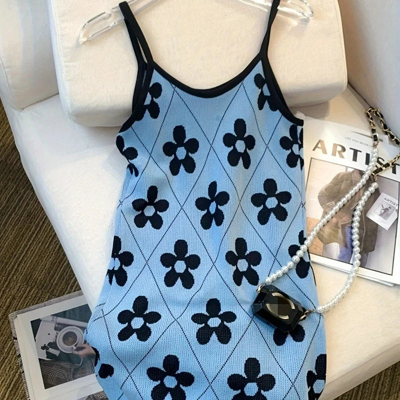 ITOOLIN New Summer Floral Pattern Knitted Cami Dress Sleeveless Mini Dress for Women Vacation Clothing Sundress Fashion New