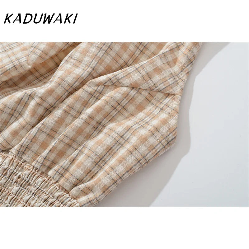 KADUWAKI Summer Plaid Printed Hanging Neck Sloping Shoulder Lace Up Slim Fit Top Khaki Mini A-line Fluffy Skirt 2-piece Sets Y2k