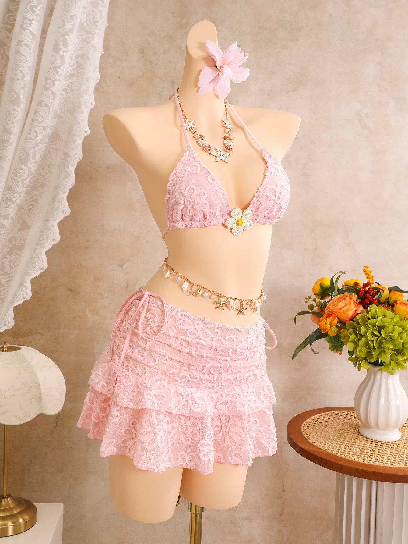 Sexy Pink Floral Embroidery Bikinis Sets 2026 Women 3D Flower Push Up Bra Swimsuit Bathing Suit Pleate Skirt 3 Piece Swimwear