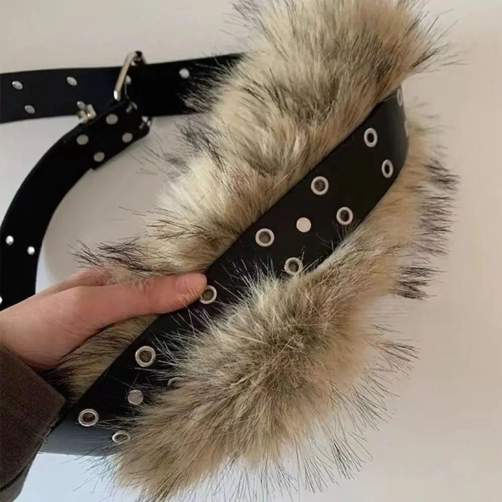Personality PU Leather Leather Fur Belt Faux Fur Rivet Plush Belt Korean Style Jeans Decor Furry Waistband Female/Girls