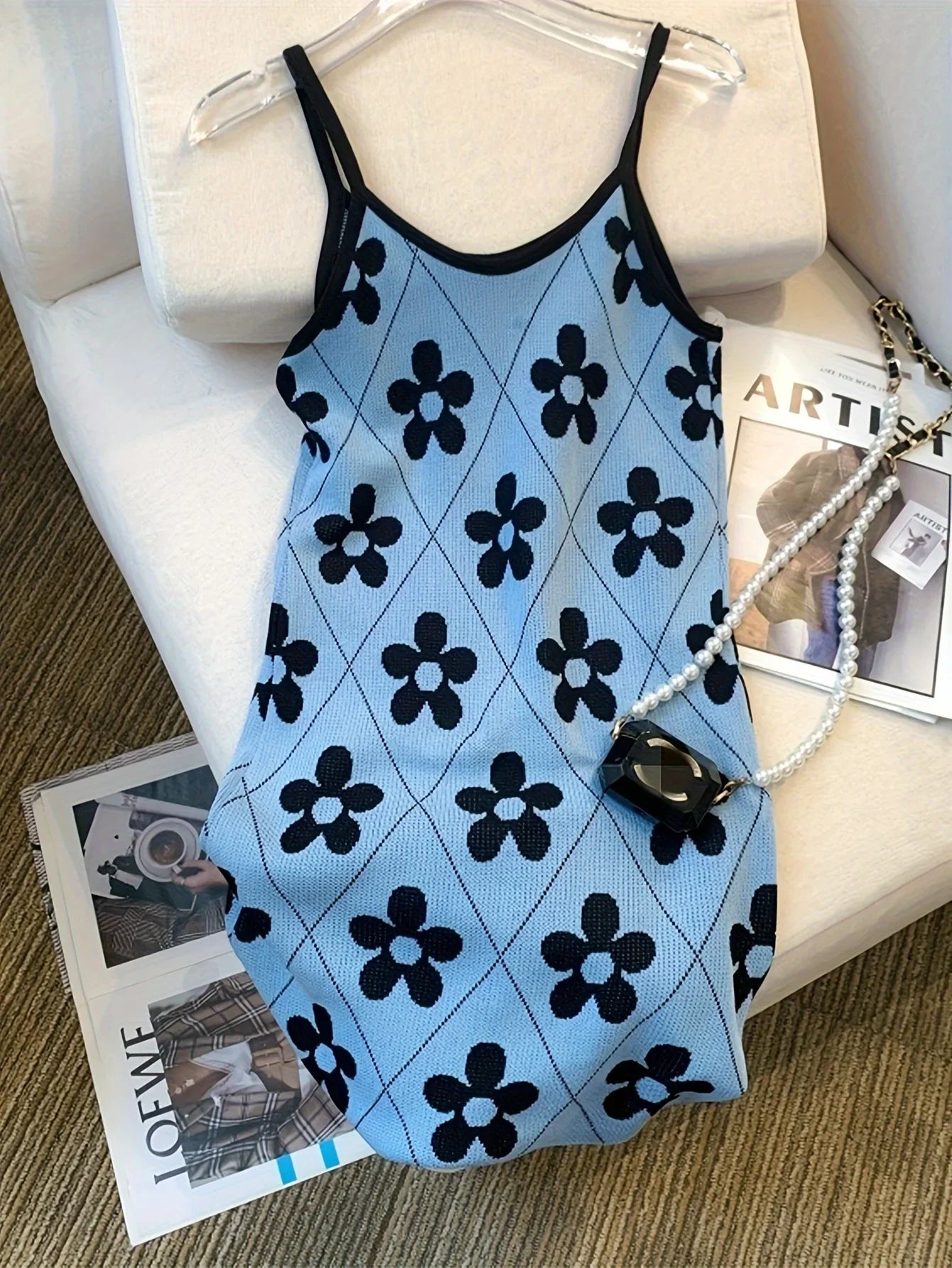ITOOLIN New Summer Floral Pattern Knitted Cami Dress Sleeveless Mini Dress for Women Vacation Clothing Sundress Fashion New