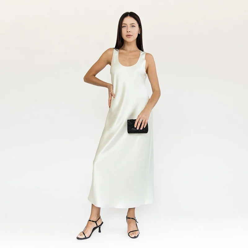 BirdTree OEKO-TEX 22MM 100% Silk Solid Dress,European Size Women U-neck Sleeveless Sling Dresses,2026 Summer New Dress D5O505JF