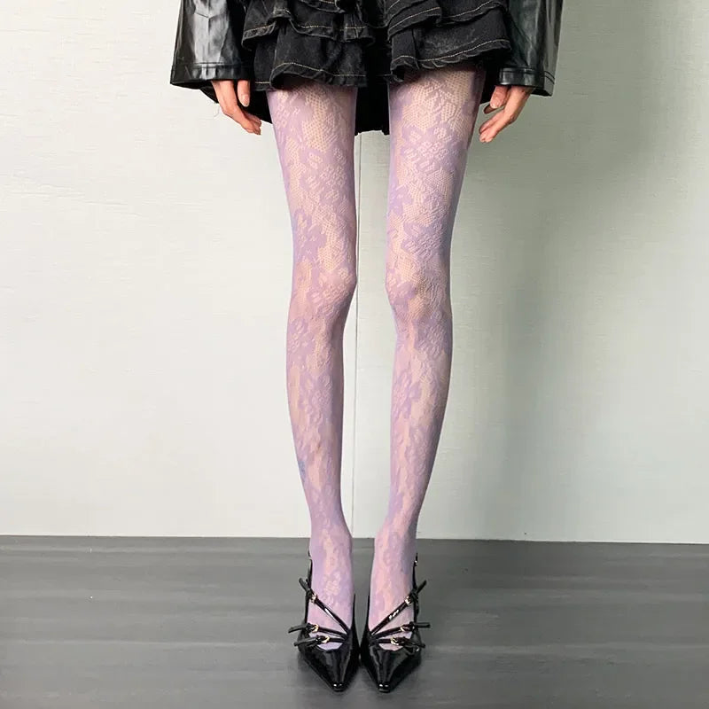 Women Floral Lace Tights Summer Mesh Sexy Hollowed Out Thin and Breathable Retro Punk Y2k Pantyhose Individual Fishnet Stockings