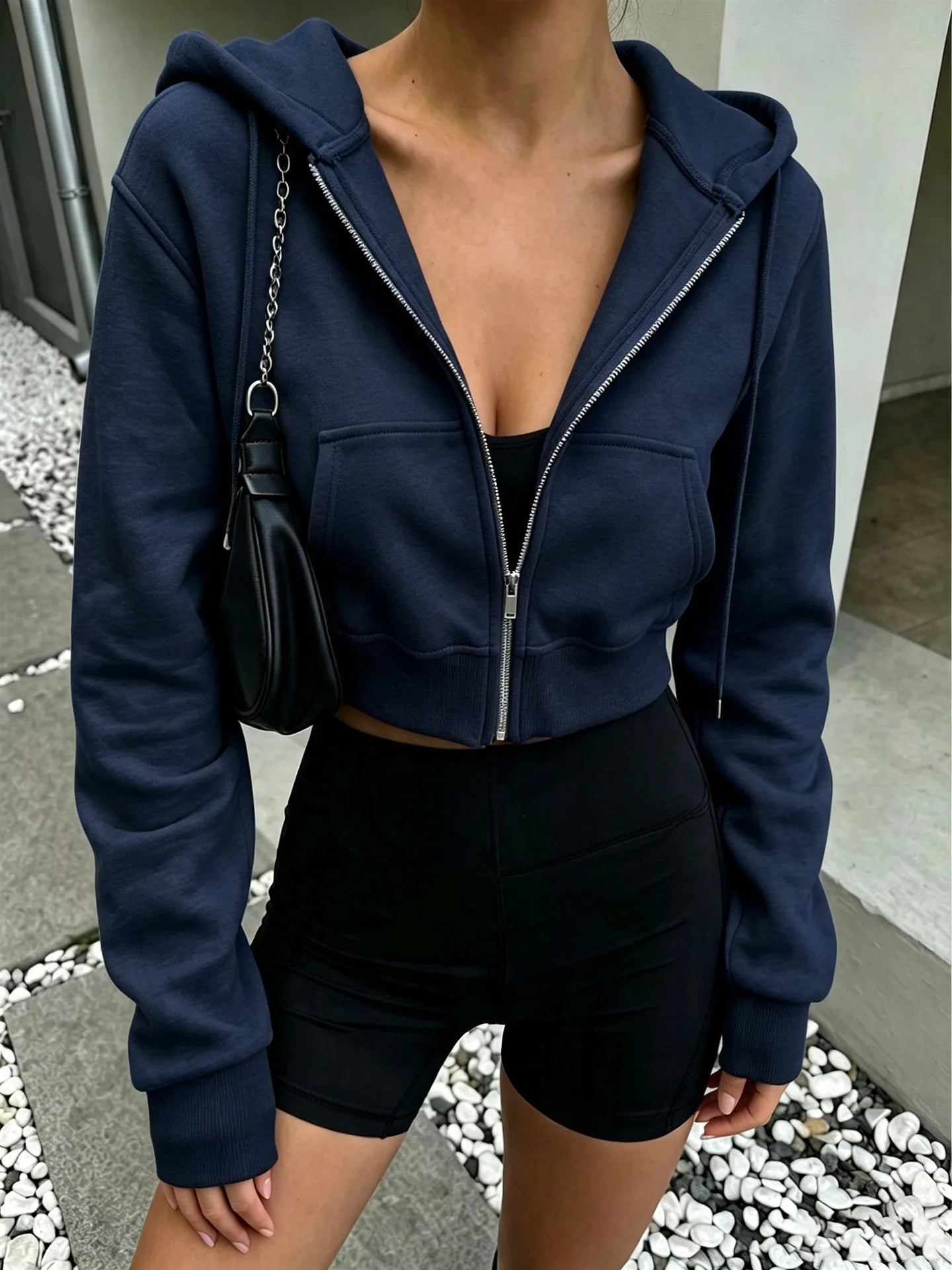Spring Autumn Women's Zipper Long Sleeve Hooded Cardigan Loose Streetwear Short Sweatshirt Harajuku Y2K Crop Tops Outfit