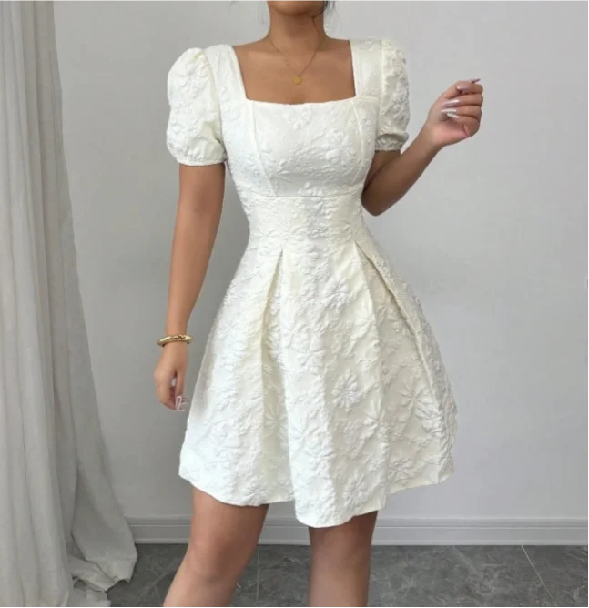Smvp Ladies' light blue jacquard A-line dress, square neck, puffed sleeves, high waist, elegant and casual short dress