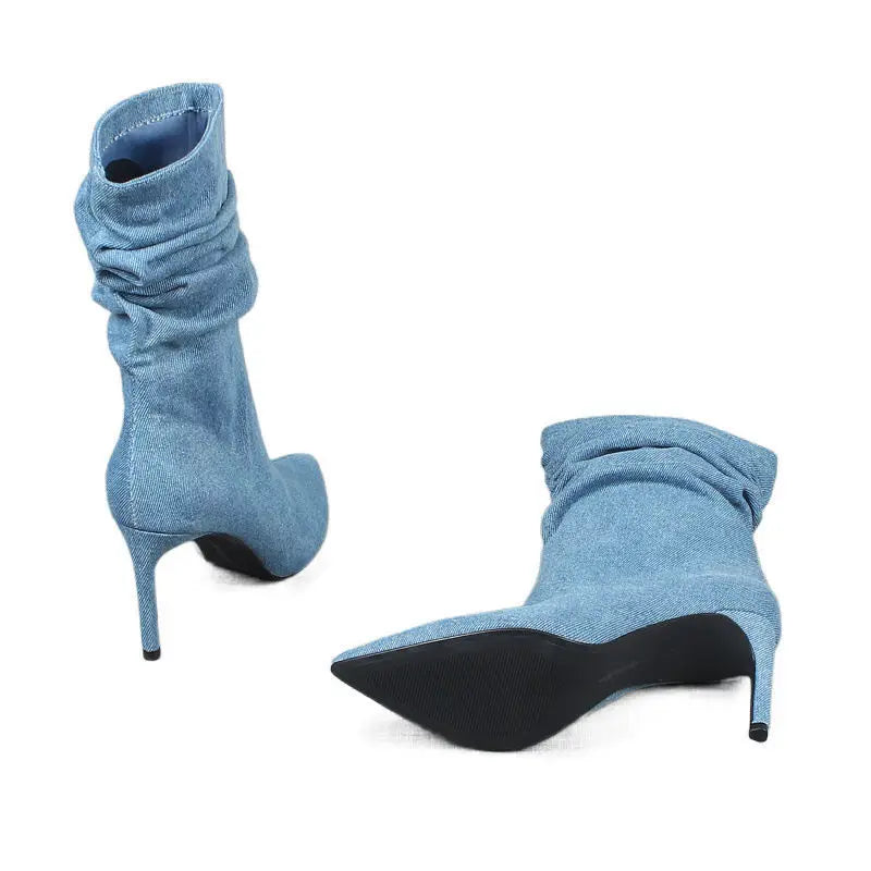 New Summer Pointed Toe High Heel Short Boots Women's Thin Heel Denim Boot Pleated New Mid-Calf Boot Tube Men's