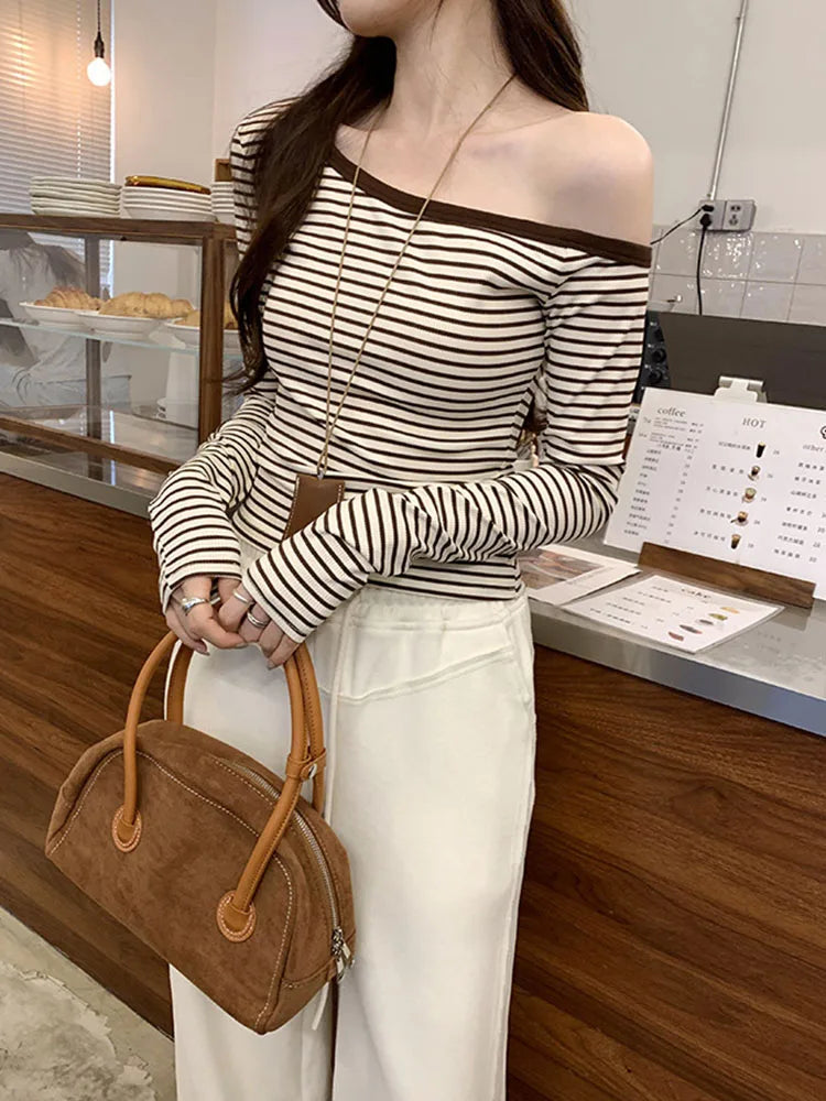 2025 New Spring Summer Vintage Striped Women's T-shirt Long Sleeve One Shoulder Casual Korean Bottom Shirts Tops Female
