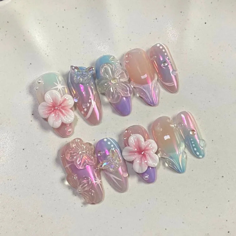 24PCS Sweet Purple Gradient French False Nails with Glue 3D Flowers Butterfly Ripples Almond Press on Nails Aurora Nails Patches