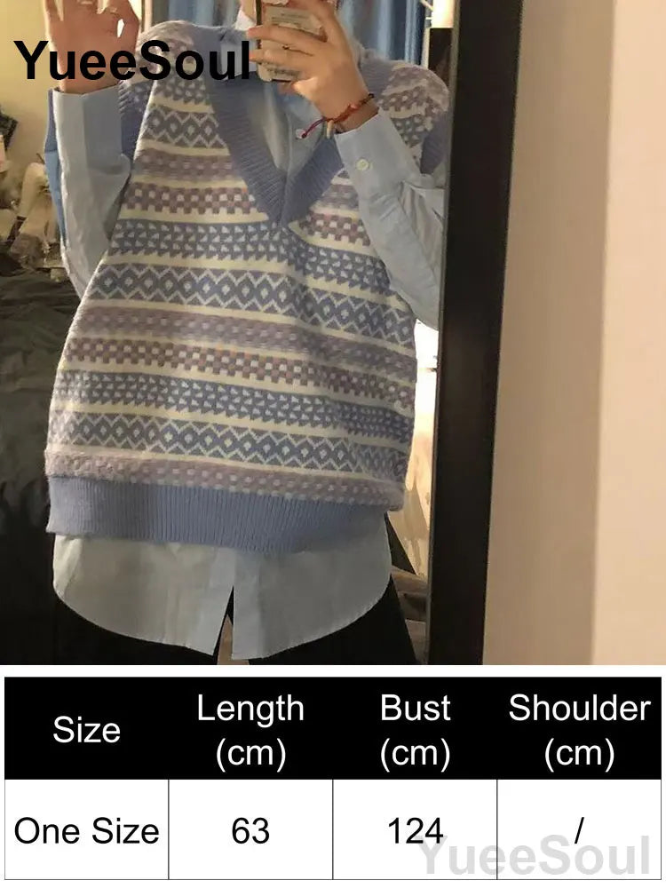Blue Argyle Women's Vest Plaid Sleeveless Pullover Loose Knitted Sweater Vest 2026 New Autumn Y2K Casual Oversized Waistcoat