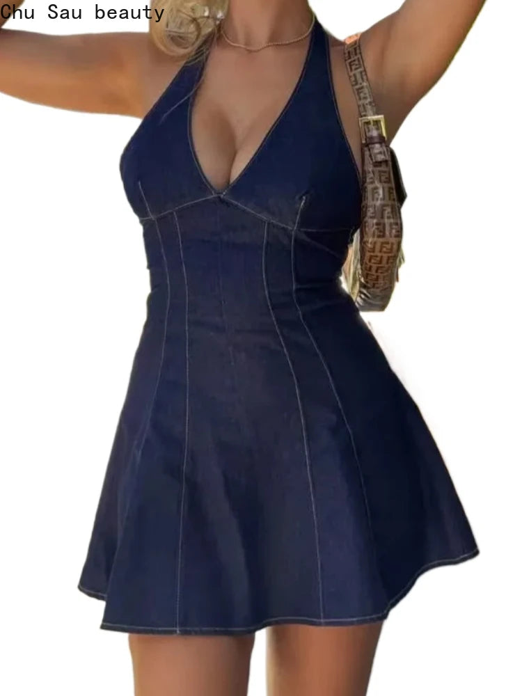 Chu Sau beauty Women New Fashion Vintage Halter Neck Chic Sleeveless Short Denim Dress Sexy Slim Backless Mini Dresses