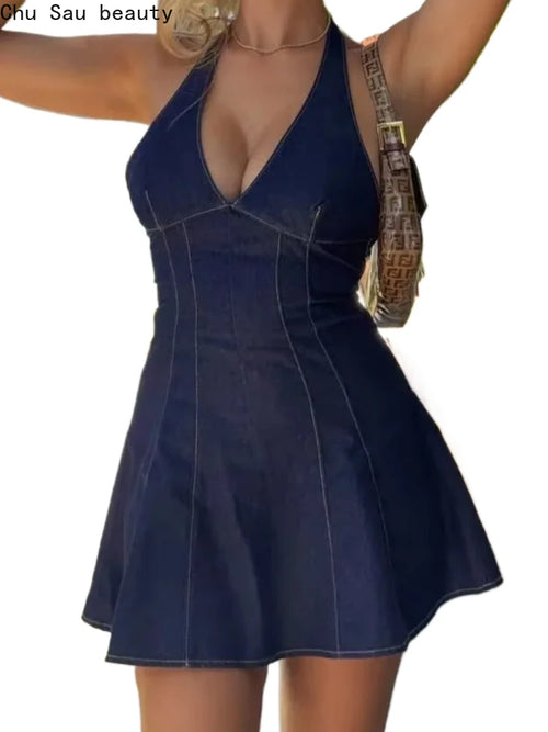 Backless Halter Neck Denim Mini Dress | Inspired by Zeynep Oktay