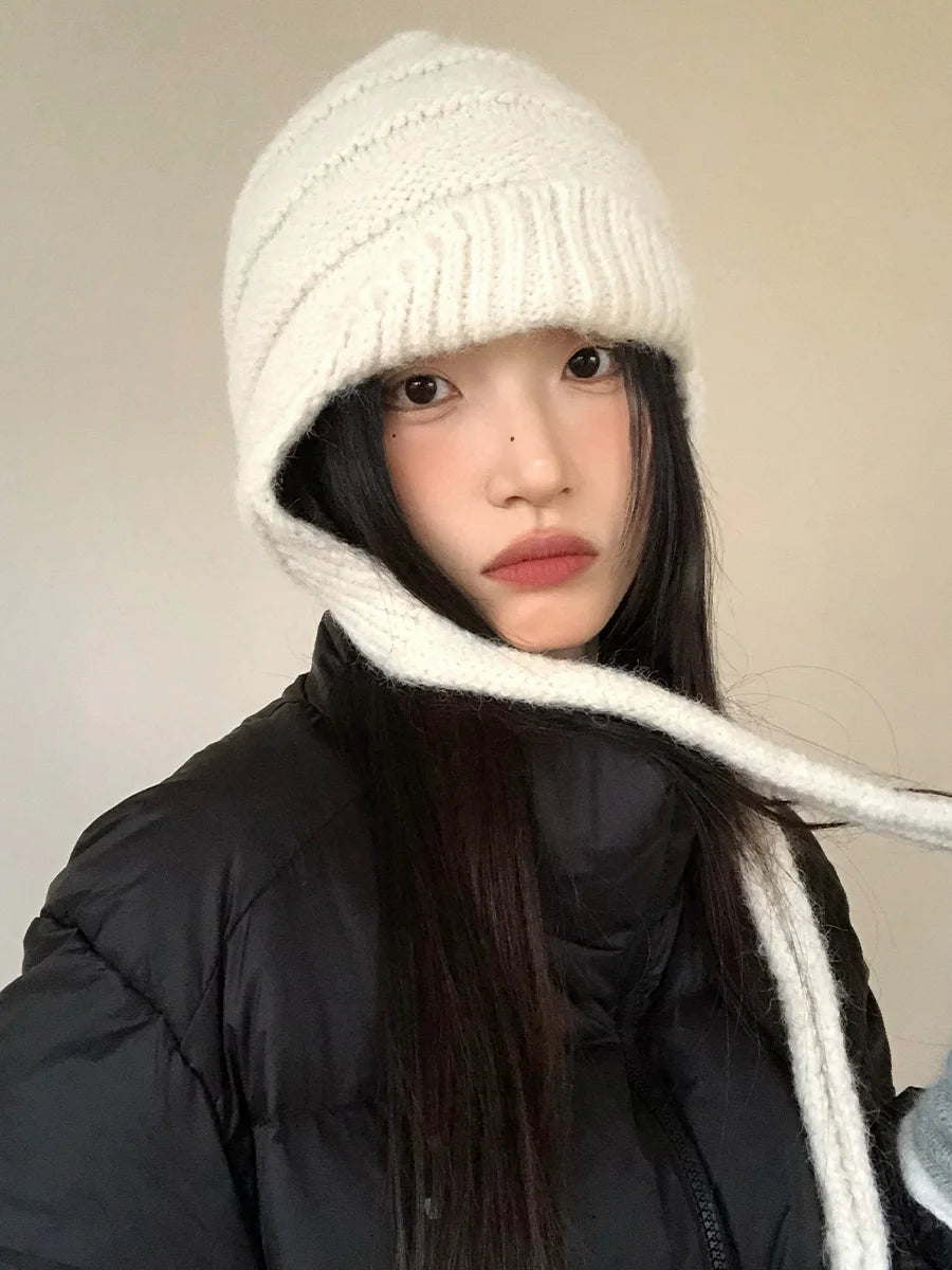 Grey Thickened Knitted Hat With Ear Protection For Women New Autumn And Winter Style Warm And Slimming Versatile Beanie