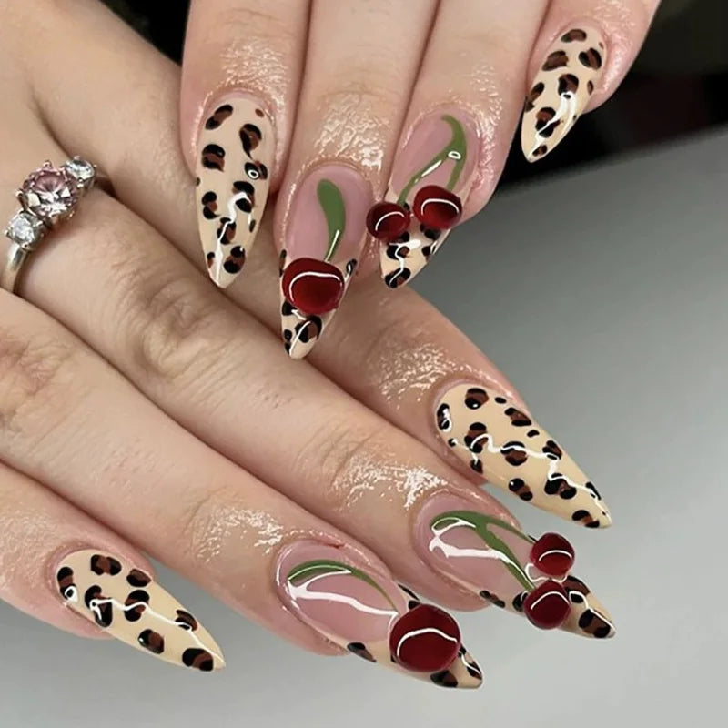 24pcs/30pcs/set Medium long 3D fake nails flowers golden foil bow rhinestones pink white leopard nail tips press on false nails