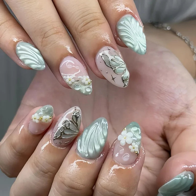 Gradient Flower Decor Almond Shaped Press-On Nails