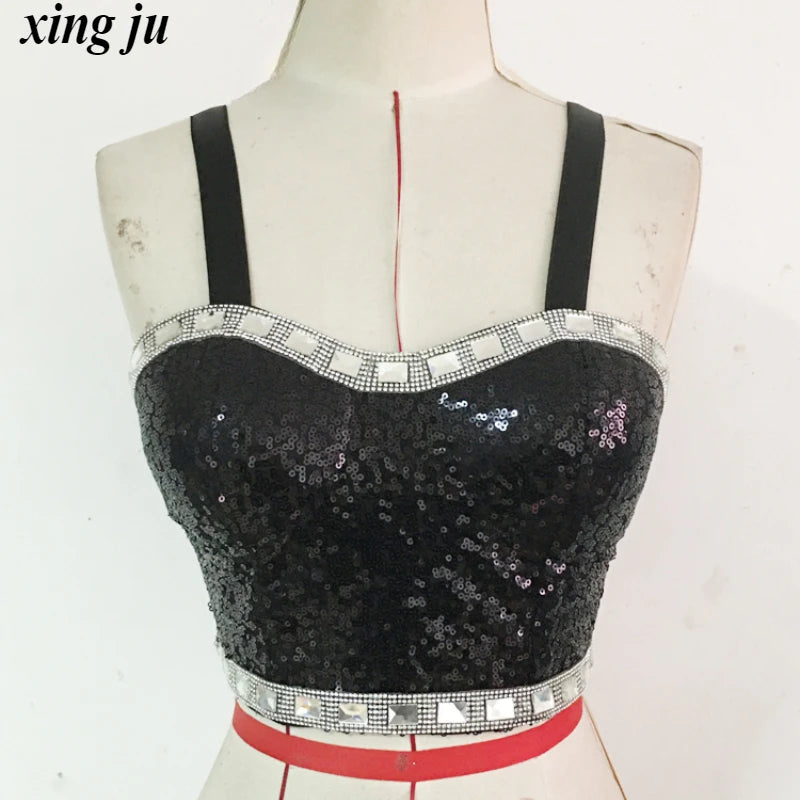 Kpop Korean Singer Women Y2k Stage Dance Shiny Sling Tops Jazz Dancewear Performance Costume Sequins Skirt Sexy Festival Outfits
