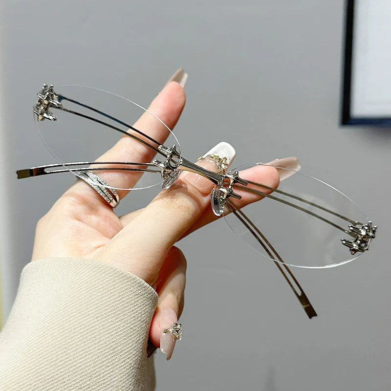 Korean Fashion Style Glasses for Women Oval Shape Rimless  Sunglasses Women Campus Style Female