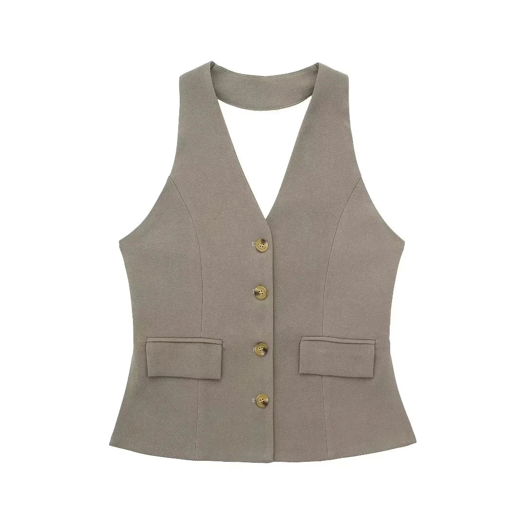HH 2024 Female Elegant 2 Piece Solid Set High Waist Straight Trousers+Sleeveless Halter Vest Tops Chic Commuting Suit