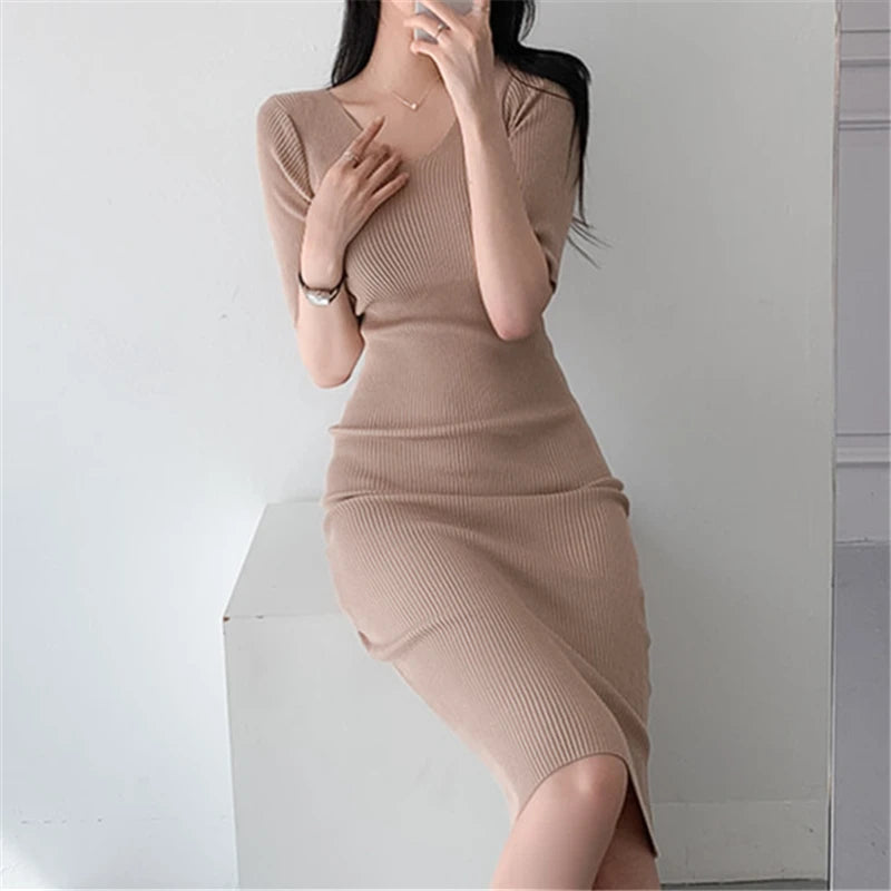 REALEFT Summer Women's Bodycon Dress 2025 New High Waist Black Korean Solid V-Neck Sheath Pencil Midi Wrap Dresses Female