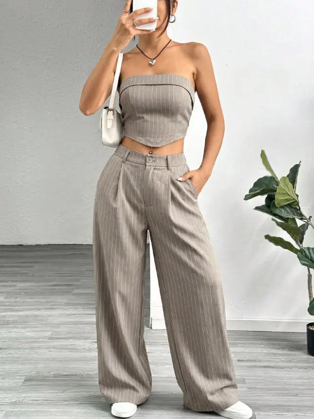 Women's Striped 2 Piece Outfit Tube Top and High Waist Wide Leg Pants Set