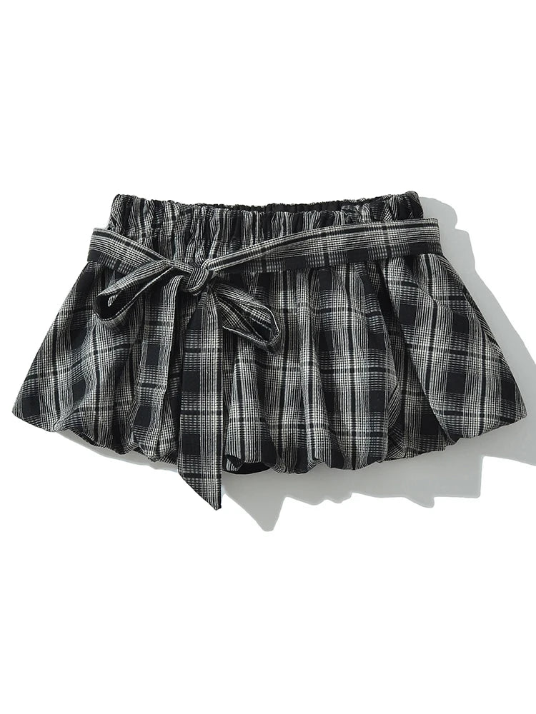 Chu Sau beauty Women New Fashion Sweet Plaid Chic Sashes Mini Skirt Sexy Elastic Low Waist Super Short Skirts A Line Skorts