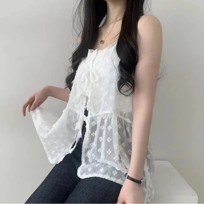 Korean Chic Mesh See Through Layering Camisole Solid V Neck Lace Up Spaghetti Strap Vest Summer Fashion Design Transparent Top