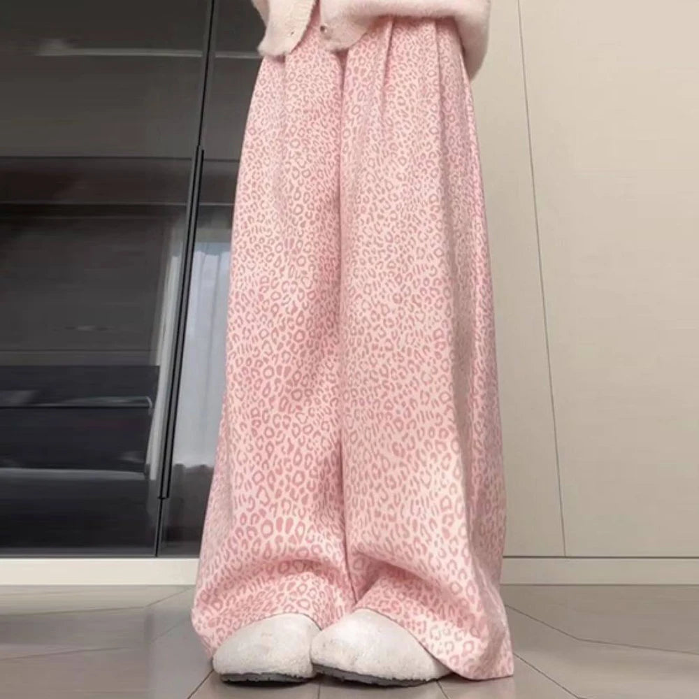 Pink leopard print fleece pants children's 2026 new autumn and winter retro lazy wind loose and thin casual wide-leg pants