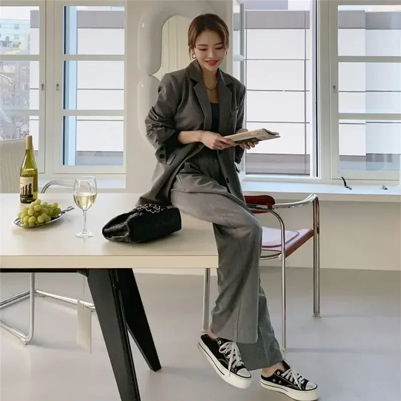 Insozkdg 2024 Autumn Winter Retro Casual Long Sleeves Jacket + Wide-leg Pants Commuter Solid Color Single-breasted Two-piece Set