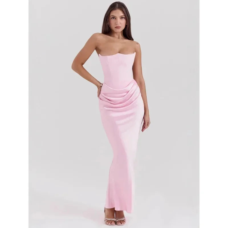Sexy Satin Corset Dress Women Fashion Strapless Backless Waist Ruched Wrap Slim Dresses Autumn Lady Evening Party Club Vestidos
