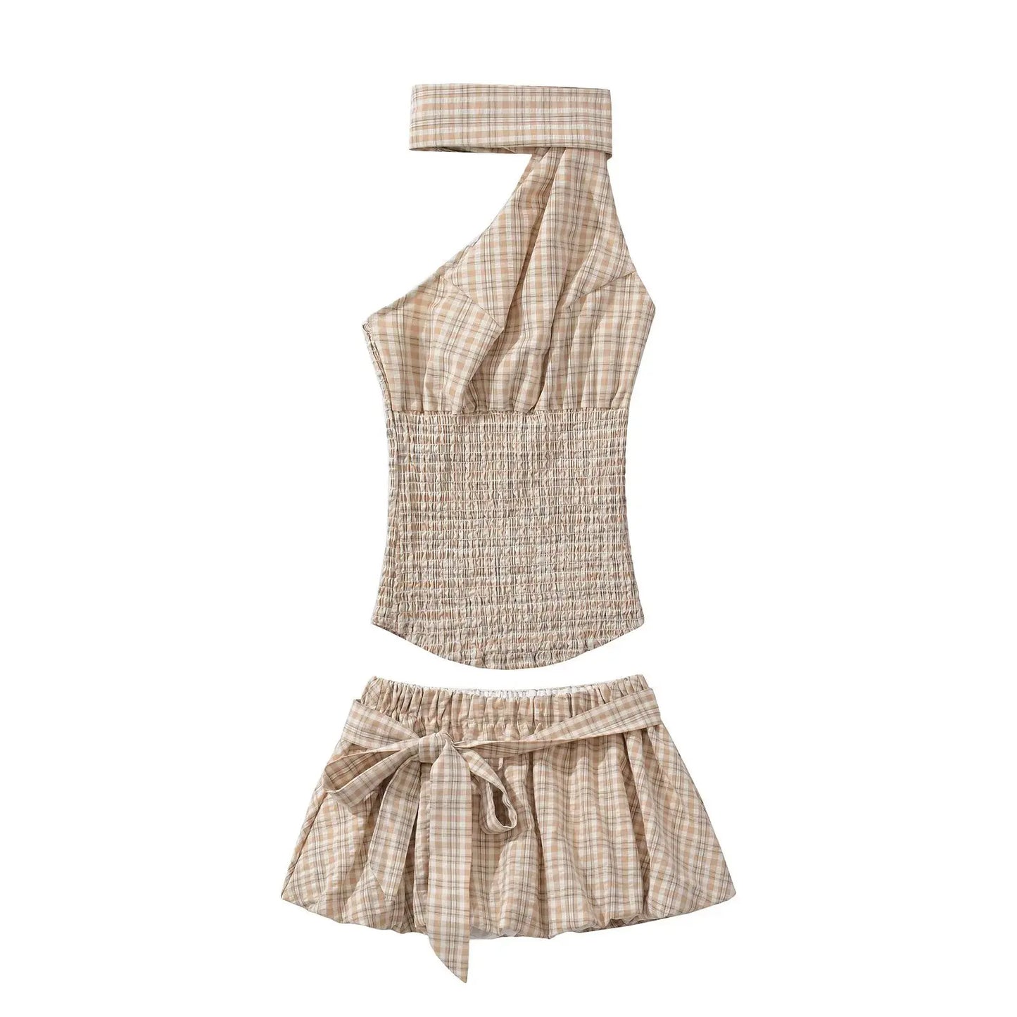 KADUWAKI Summer Plaid Printed Hanging Neck Sloping Shoulder Lace Up Slim Fit Top Khaki Mini A-line Fluffy Skirt 2-piece Sets Y2k