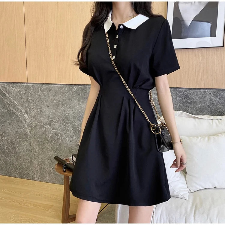 Women's Contrast Collar Polo Dress Summer Short Sleeve Button Front A Line Casual Mini Dress