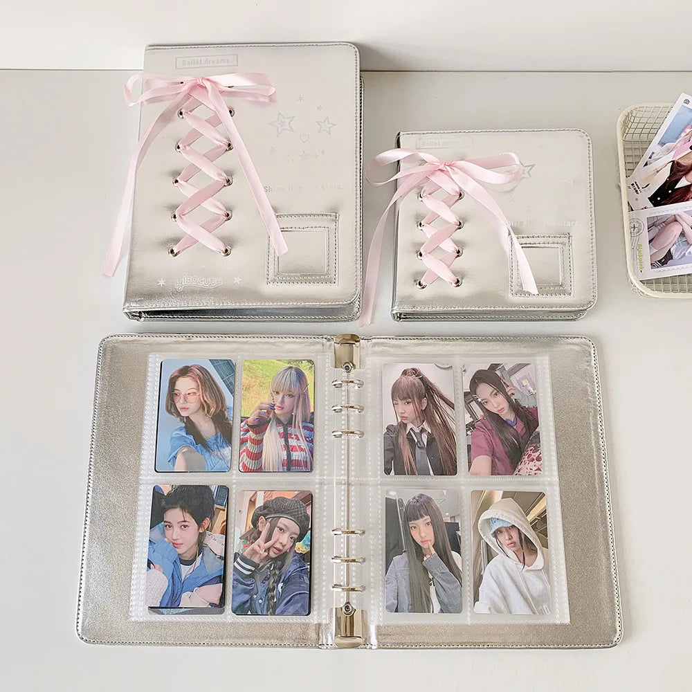 A5 A7 Silver PU Leather Photocard Binder Album Photos Cards Book Pink Bowtie Decor Instax Mini Collect Scrapbooking Scrap Album