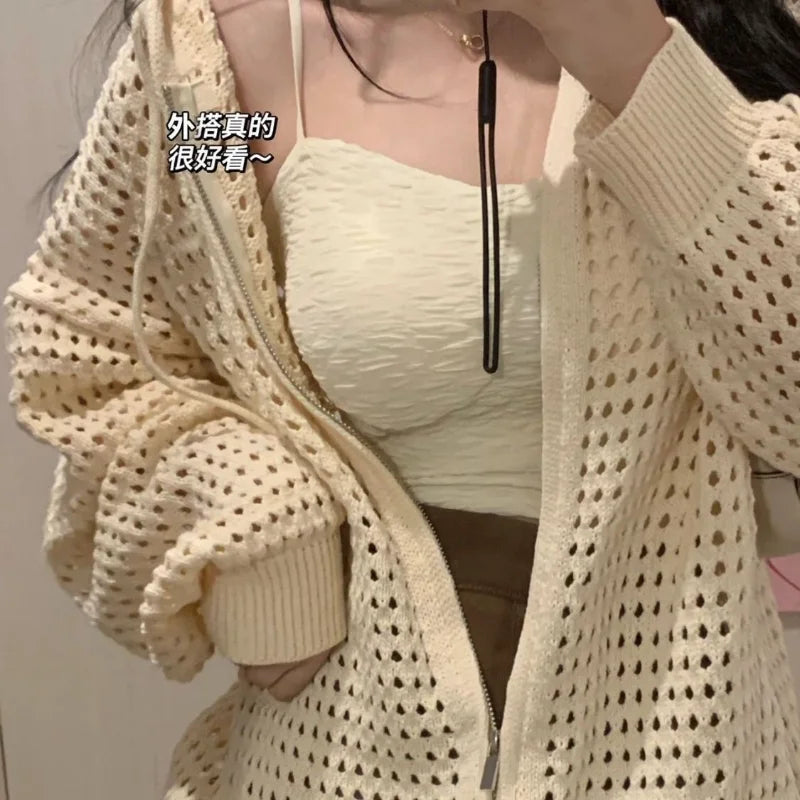 Hollow Knitted Sweater Design Hooded Loose Outer Thin Jacket Korean Spring Summer Zipper Cardigan Top for Women