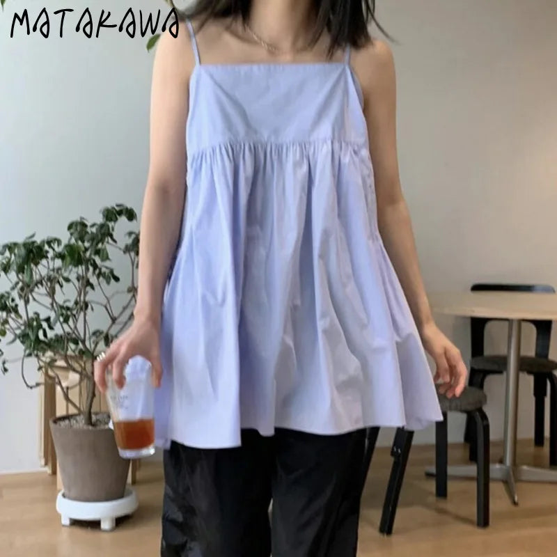 Matakawa Spring Summer Women Dresses Solid Pockets Korean Fashion Sweet Vestidos Mujer Vintage Sleeveless  Mini Dress