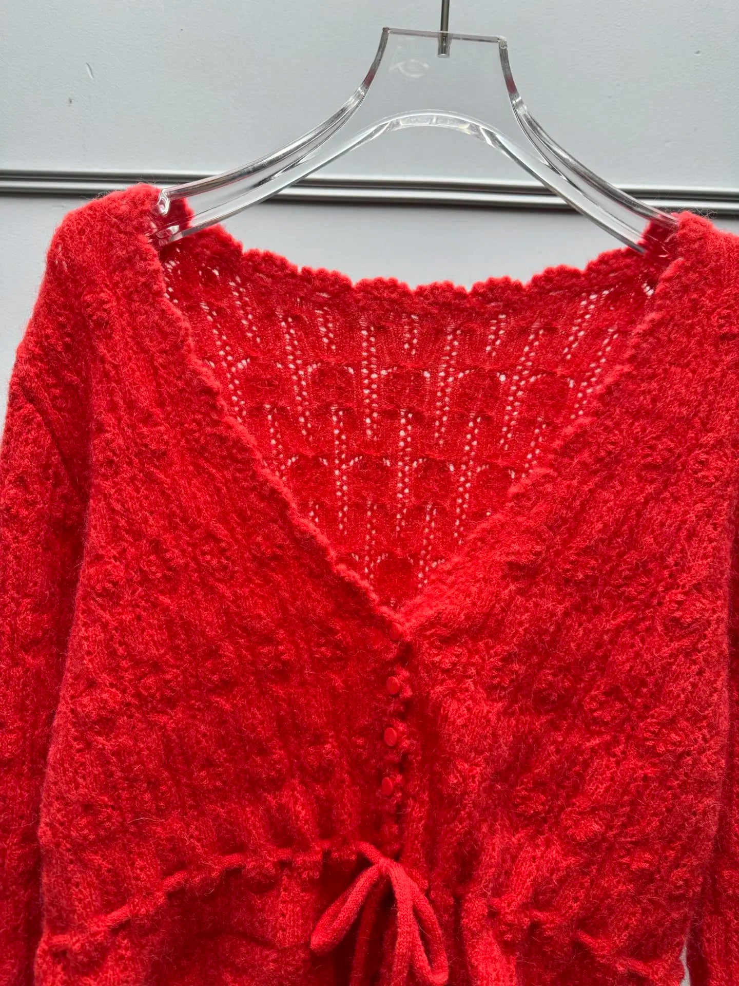 Autumn Women's Hollow Knit Cardigan Drawstring Waist Scallop Edge Cropped Sweater Coat Sweet Casual Outwear