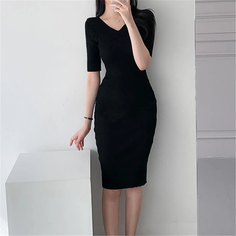 REALEFT Summer Women's Bodycon Dress 2025 New High Waist Black Korean Solid V-Neck Sheath Pencil Midi Wrap Dresses Female