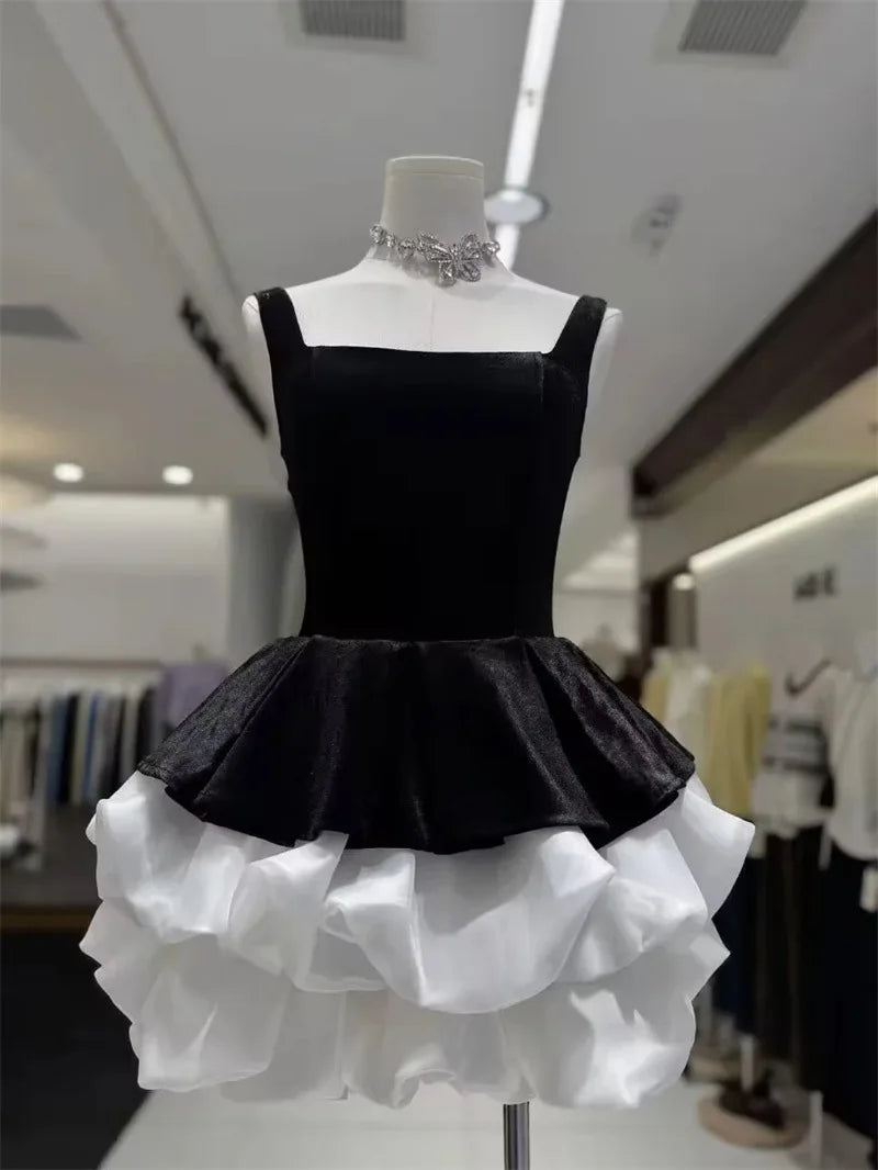 EDGLuLu Sexy Backless Square Collar Sleeveless Mini Dresses For Woman Party Wedding Red Patchwork Black Birthday Dress 1021