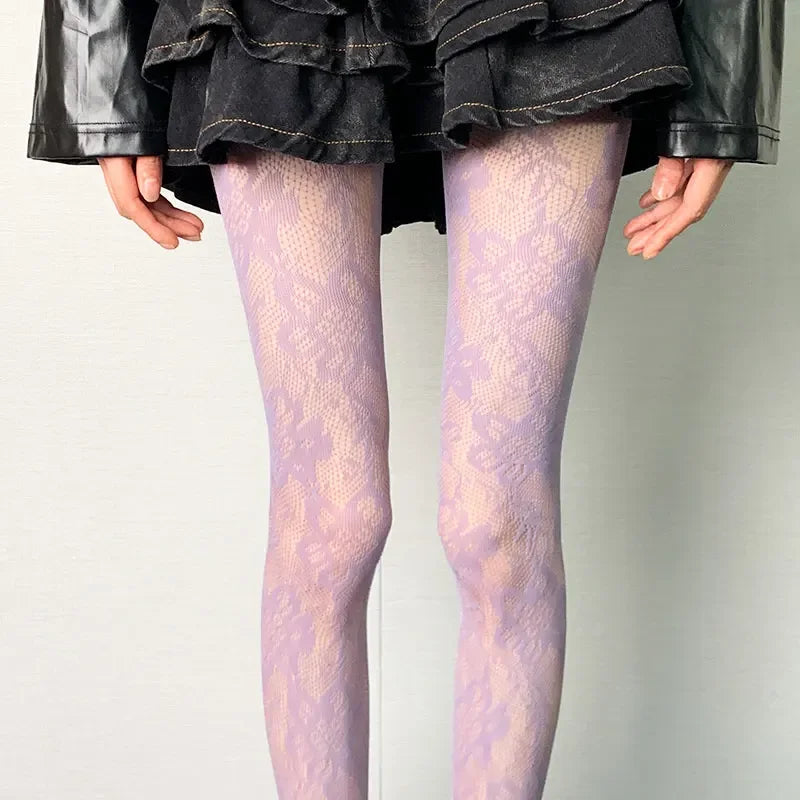 Women Floral Lace Tights Summer Mesh Sexy Hollowed Out Thin and Breathable Retro Punk Y2k Pantyhose Individual Fishnet Stockings