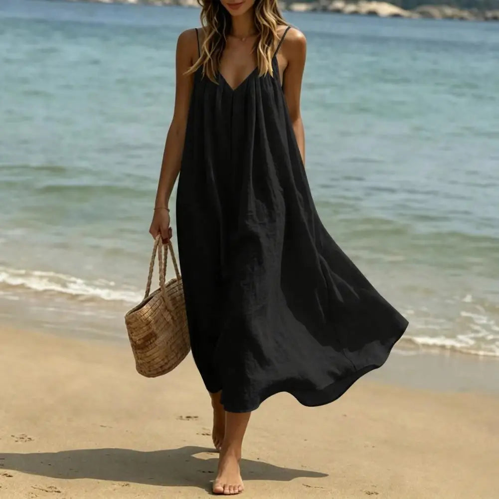 Women's Spaghetti Strap Beach Sundress, Summer Sleeveless V Neck Cami Dress, Loose Flowy Vacation Long Dress Plain Maxi Sundress